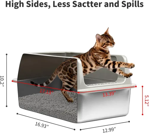 Vista 4 de Kirecoo Paquete de 2 cajas de arena de acero inoxidable con tapa, caja de arena de metal cerrado mediano para gatos, bandeja de arena antifugas
