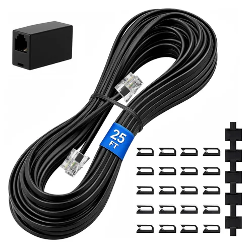 Vista 12 de Uvital Cable de extensión de teléfono de 15 pies, acoplador RJ11 y clips de Negro