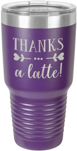 Vista 19 de Taza de viaje de acero inoxidable con tapa superior deslizante y pajita con texto en inglés "THANKS A LATTE 30oz Taza de viaje", compara con Yeti