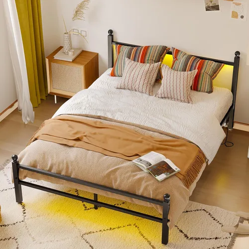 Vista 8 de Fixwal Base de cama de tamaño matrimonial con estación de carga, marco de cama de metal con puerto y toma de corriente