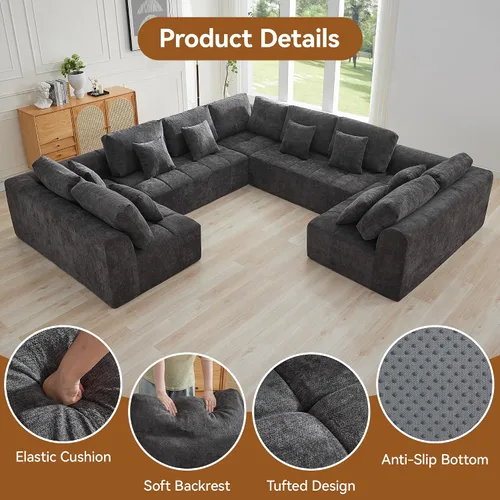 Vista 82 de Sofás seccionales modulares de 110 pulgadas para sala de estar, sofá seccional comprimido sin hueso, sofá de espuma viscoelástica tapizado de 3 Beige