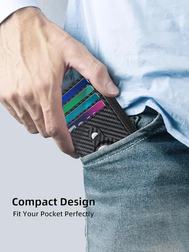 Vista 8 de Cartera delgada minimalista con bolsillo frontal, bloqueo RFID, tarjetero con ventana para identificación, 6 ranuras para tarjetas, cartera