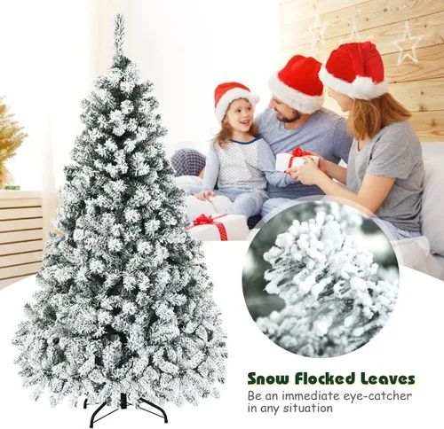 Vista 2 de Nightcore - Árbol de Navidad artificial preiluminado de 6 pies, pino con bisagras flocadas de nieve con 600 puntas de ramas y 250 luces LED, base