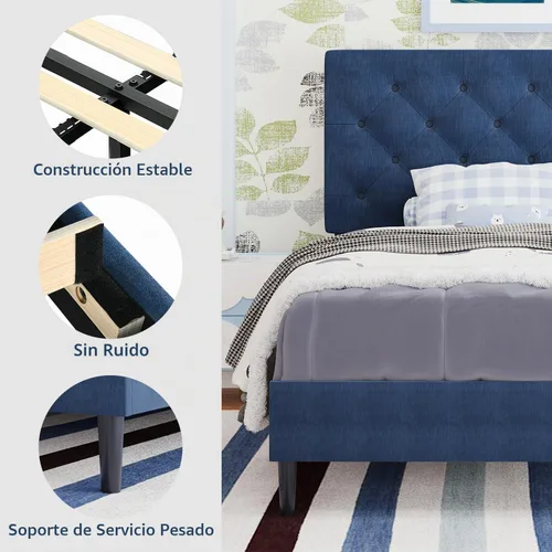 Vista 7 de BarnFurin Marcos de cama individual con cabecera capitoné con botones, cama de plataforma tapizada de lino con soporte de listones de madera, fácil