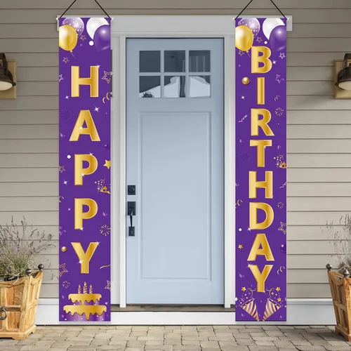 Vista 6 de Cartel de feliz cumpleaños dorado morado para puerta, letrero de feliz cumpleaños, suministros de fiesta para niñas y mujeres, 16, 21, 30, 40, 50