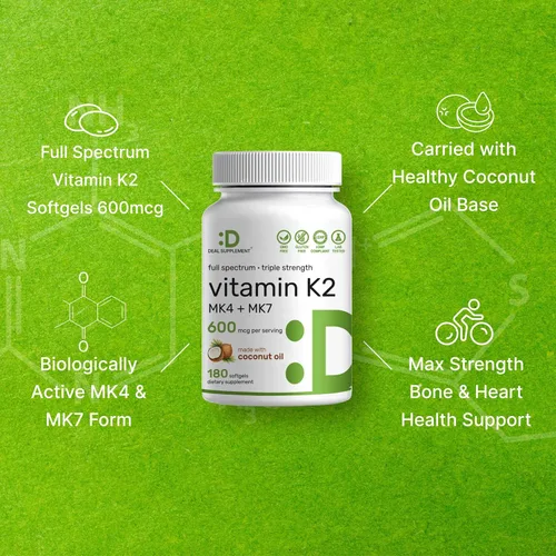 Vista 4 de DEAL SUPPLEMENT Suplemento de vitamina K2 de 600 mcg, 180 cápsulas blandas de aceite de coco Formas MK-7 y MK-4 de alta absorción de espectro