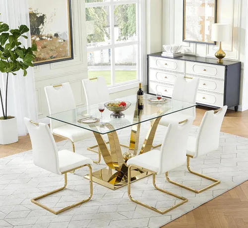 Vista 60 de Juego de mesa de comedor de vidrio de 70 pulgadas para 4, mesa rectangular de cristal dorado con 4 sillas de piel sintética, juego de mesa de Mesa