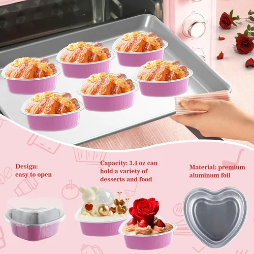 Vista 5 de 50 moldes para pasteles en forma de corazón con tapas, mini moldes para pasteles de 3.4 onzas con tapas, recipientes para cupcakes, mini forros