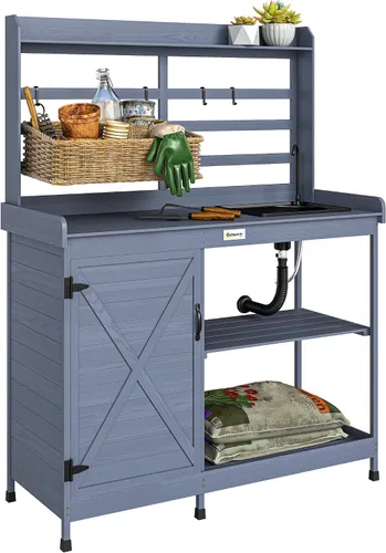 Vista 11 de Outsunny Banco de Jardinería Exterior de Madera con Mesa y Fregadero y Grifo, Estación de Trabajo de Jardín con Gabinete de Almacenamiento, Estantes