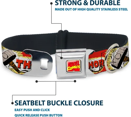Vista 4 de Buckle-Down Collar de perro hebilla de cinturón de seguridad Thor Hammer rojo amarillo blanco 9 a 15 pulgadas 1.0 pulgadas de ancho, multicolor