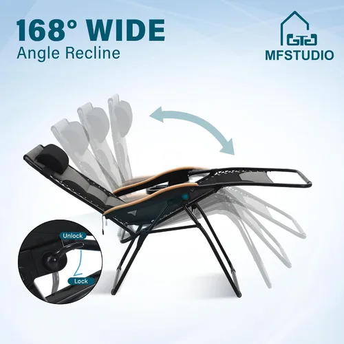 Vista 8 de MFSTUDIO Sillas Zero Gravity, silla reclinable de gran tamaño para patio, silla plegable acolchada con bandeja portavasos, soporta 400 libras