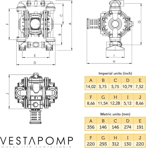 Vista 3 de Vestapomp Bomba de diafragma operada por aire, nueva versión, bomba de diafragma de aire, aceite residual AODD, doble transferencia neumática