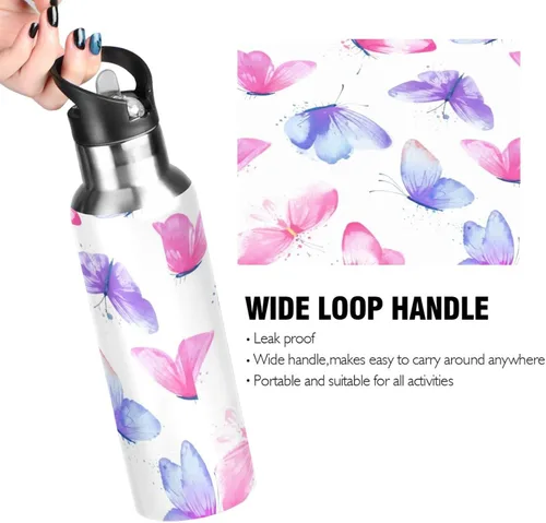 Vista 4 de Botella de agua de acero inoxidable aislada con pajilla, de 20 onzas, a prueba de fugas, botella de agua deportiva sin BPA aislada