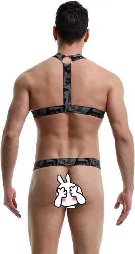 Vista 5 de Swbreety Arnés para hombre, camiseta sin mangas de camuflaje para el pecho, correa para el pecho, disfraces, camiseta muscular y tanga con anillo
