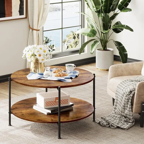 Vista 4 de WLIVE - Mesa de centro redonda, mesa de café pequeña de 32.6" con estante de almacenamiento, mesa de centro de madera de 2 niveles para sala