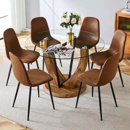 Vista 14 de Juego de mesa redonda de cristal de 5 piezas para 4, mesa de comedor moderna de 48 pulgadas con base de grano de madera, sillas tapizadas de gamuza
