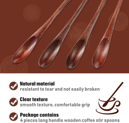 Vista 3 de 4 cucharas de madera para mezclar café de mango largo, cucharas de té helado de madera, cuchara pequeña para mezclar café, té, bebidas, 7.87 pulgadas