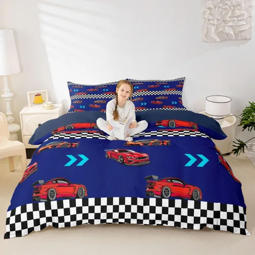 Vista 26 de Feelyou Race Car Duvet Cover Twin Size Boys Girls Speed Sports Car Bedding Set Breathable Soft Racing Comforter Cover 2Pcs Black White Checked Azure