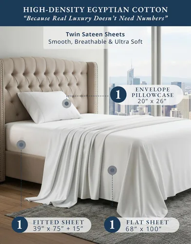 Vista 387 de LANE LINEN - Sábanas individual 100% algodón egipcio suave, cómodo y grueso de calidad de hotel, costuras reforzadas totalmente elásticas, sin