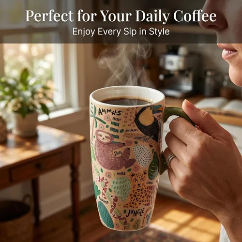 Vista 3 de Topadorn Taza de cerámica alta de 17 onzas – Taza de café con diseño de perezoso, apta para microondas y lavavajillas, taza de café única para café
