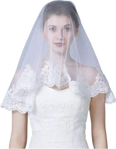 Vista 2 de Velo de novia de boda con peine de 1 nivel, borde de encaje de color marfil