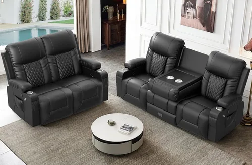 Vista 11 de Furnimat Juego de sofá reclinable con 2+1 piezas para sala de estar, sofá reclinable de 2 plazas en cuero, 1 silla reclinable con asiento de sofá