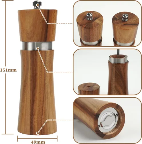 Vista 2 de Juego de 2 molinillo de madera para sal y pimienta, funciona a mano, recargable con núcleo de cerámica/acero inoxidable