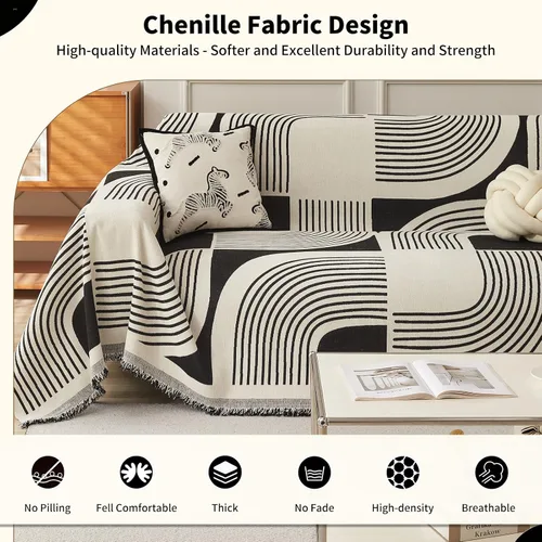 Vista 3 de WEYOND Funda de Sofá Boho de Chenilla con Borlas, Funda de Sofá Bohemia para Sofá de 1 Cojín, Sillón, Silla, 1 Plaza (71" x 91", Negro)