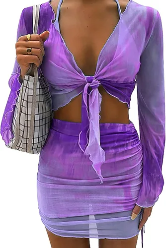 Vista 3 de Sexy Two Pieces Outfit for Women Clubwear Long Sleeve Crop Top Mini Skirt Set Bandage Swimsuits