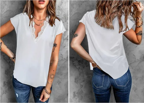 Vista 3 de lime flare Blusa elegante con ribete de encaje, camisa de manga corta popular
