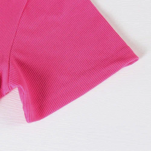 Vista 2 de Roselux - Camiseta ajustada de manga corta con cuello redondo de canalé, camiseta básica de punto.