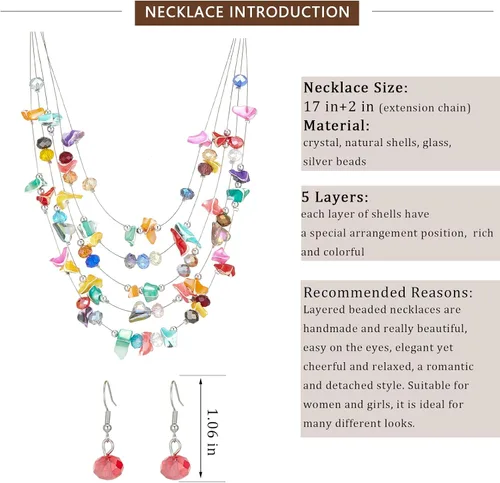 Vista 5 de Errally Collar bohemio en capas para mujer, collar de cuentas de concha de varias hebras con cuentas de cristal, conjunto de joyas coloridas