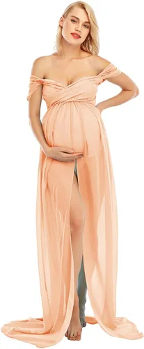 Vista 2 de Vestido largo de gasa con hombros descubiertos para fotografía de maternidad con abertura frontal para sesión de fotos
