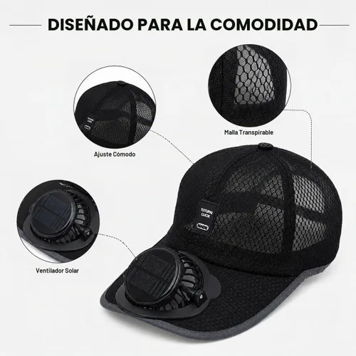Vista 7 de Sombrero de pesca con ventilador solar, recargable por USB, negro