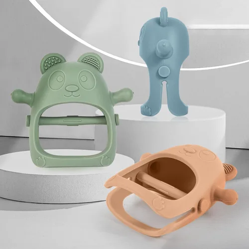 Vista 6 de Eascrozn Juguetes de Dentición para Bebés de 3+ Meses, Conjunto de 3, Guantes de Dentición de Silicona Fáciles de Sostener con Texturas Suaves