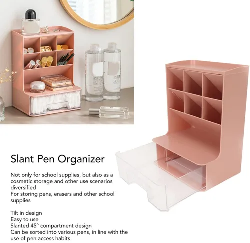 Vista 3 de Wnvivi Organizador de bolígrafo inclinado, soporte para bolígrafo de escritorio, soporte para brochas de maquillaje con cajón, organizador Rosa