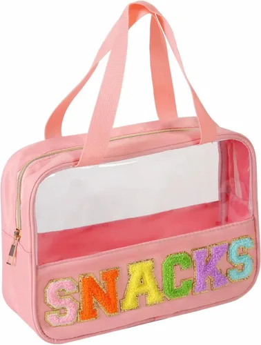 Vista 8 de Bolsa transparente de felpilla con parches de letras, bolsa de maquillaje transparente de PVC y nailon multiusos con asas, bolsa grande