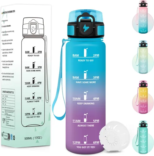 Vista 8 de Botella Agua, 16.9 fl oz Libre de BPA, Botella Agua Niños, Diseño de Cerradura a Prueba de Fugas, cantimplora, Con Marca de Tiempo, Cantimplora
