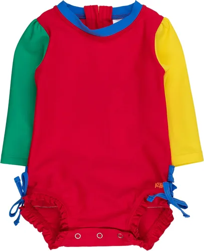 Vista 72 de RuffleButts - Traje de baño de una pieza con protección solar UPF 50+, camiseta de protección floral estampado, manga larga, con cierre zipper