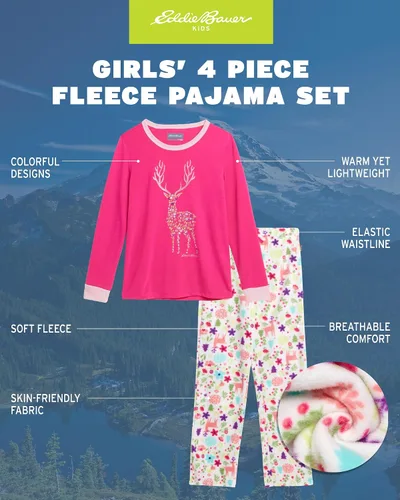 Vista 2 de Eddie Bauer Conjunto de pijama para niña, acogedor conjunto de ropa de dormir de invierno de forro polar, camisa de manga larga de 4 piezas