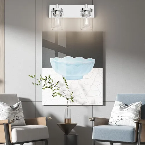 Vista 5 de Aipsun Accesorios de iluminación de tocador de baño, luz cromada, 2 luces, luz de baño de acero inoxidable con pantalla de vidrio transparente