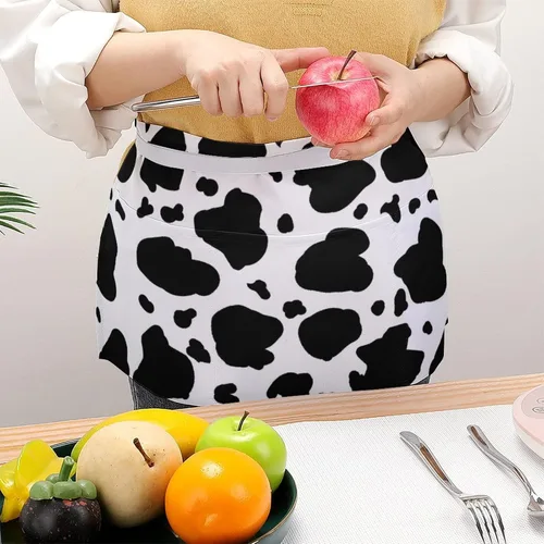 Vista 4 de Delantal de media cintura con estampado de vaca, con 3 bolsillos, ajustable, para cocinar, servir con correa larga, delantales para mujeres