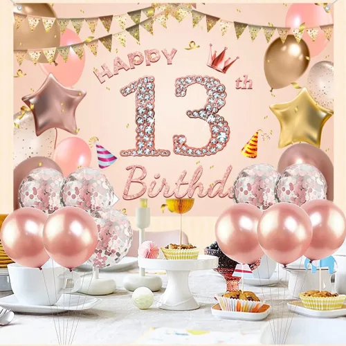 Vista 5 de Cartel de tela para decoración de cumpleaños número 13 para niñas de 13 años, cartel de tela para fiesta de cumpleaños de niña, fondo de foto rosa