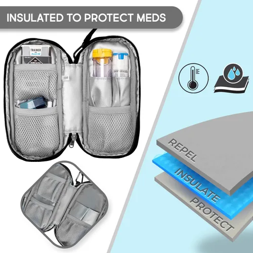 Vista 4 de PracMedic Bags Epipen - Estuche de transporte aislado para bolígrafos Epipens, Auvi-Q, inhalador, medicamentos para alergias y suministro de Negro