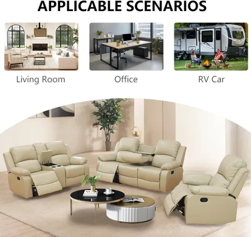Vista 6 de Sofá reclinable manual, sofá reclinable de lujo de 3 plazas, sofá reclinable con portavasos y mesa de café, sofá de cuero sintético para sala