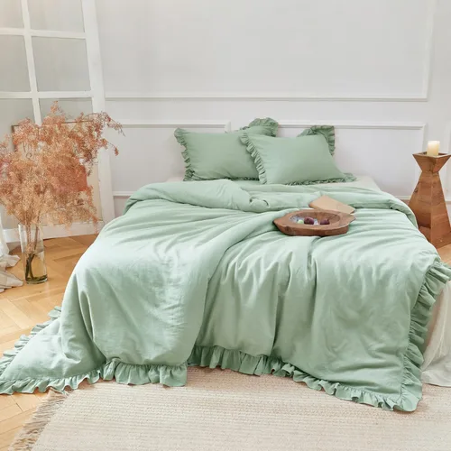 Vista 15 de Simple&Opulence Juego de funda de edredón de algodón de lino con volantes, 3 piezas, ropa de cama con textura suave con bordes decorativos