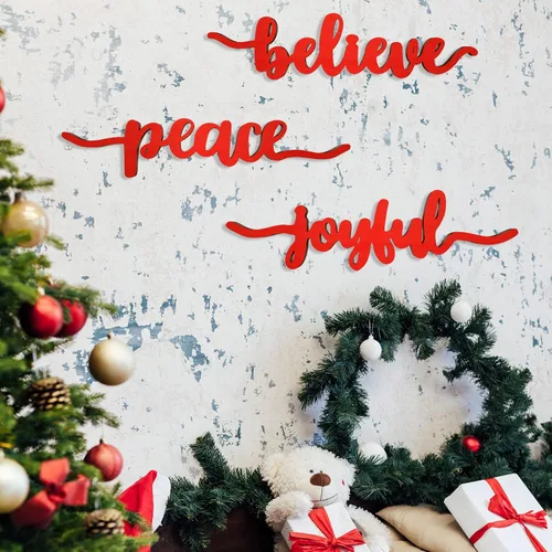 Vista 5 de Ferraycle 12 piezas de Navidad con recorte de madera con texto en inglés «Merry Peace Believe», letrero de Navidad con recorte rústico para platos