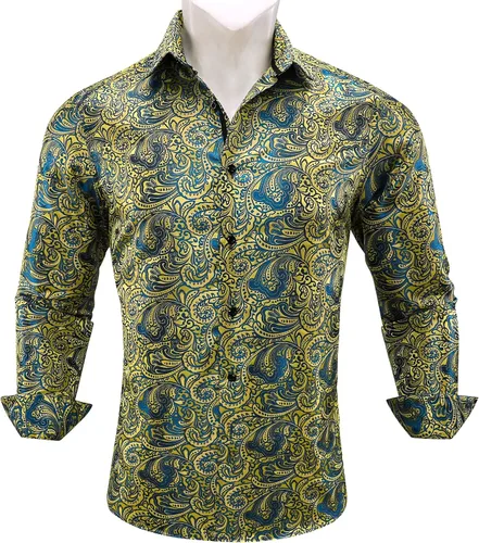 Vista 4 de Camisas de moda para hombre, camisa de vestir de manga larga con flores de cachemira de seda tejida para negocios, fiesta, diseño casual