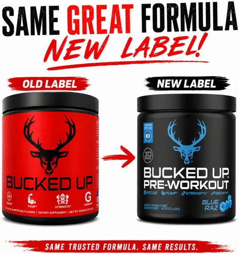 Vista 2 de Bucked Up Pre Workout 6 gramos de citrulina, 2 gramos de beta alanina y 3 otros ingredientes de marca registrada (Blue Raz)