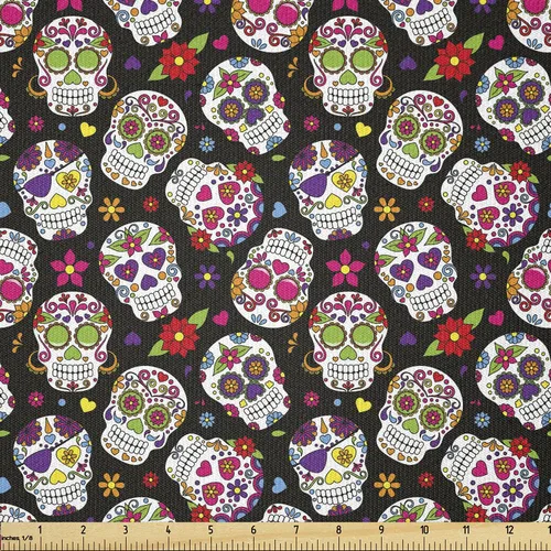 Vista 104 de Ambesonne The Yard, tela de calavera colorida con temática de Halloween, diseño de calavera y huesos cruzados, divertido estampado de dibujos